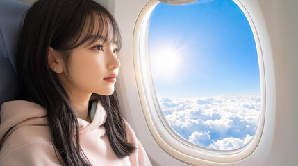 Close-up of an Asian girl in a pastel hoodie sitting by an aircraft window, gazing at the bright sky and clouds outside, sunlight casting a soft glow, capturing a relaxed summer travel moment

