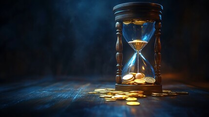 Hourglass Filled with Gold Coins, An hourglass filled with gold coins, symbolizing time and wealth