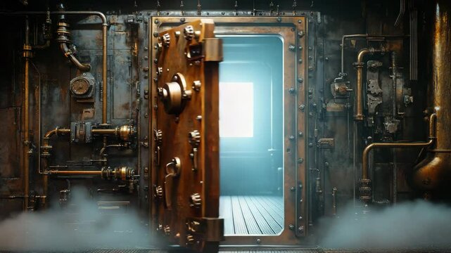 Steam Punk Style Vault Door with Pipes and Mist