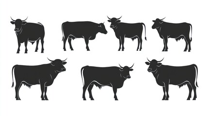 Cattle silhouettes, various poses, white background, farming