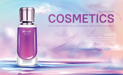 Cosmetics bottle on cloudy sky background, banner