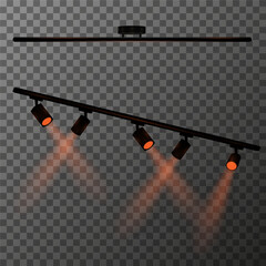 Various components of professional lighting equipment for stage or studio on transparent background. Horizontal rail with five spotlights with orange backlight. Vector illustration Eps10.