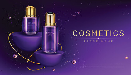 Cosmetics bottles on podium perfume ad banner