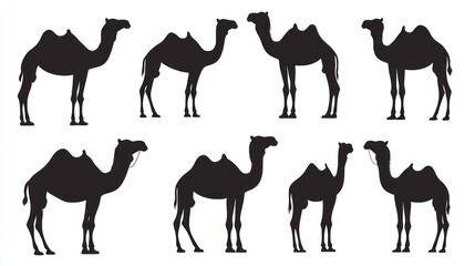 Eight camel silhouettes, desert background, design element