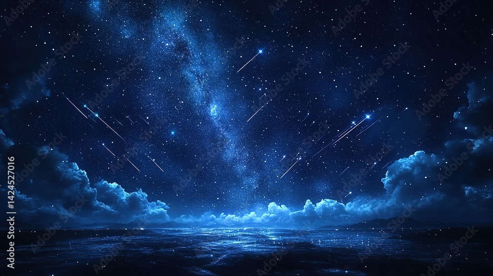 Poster celestial spectacle: milky way and meteor shower over a tranquil