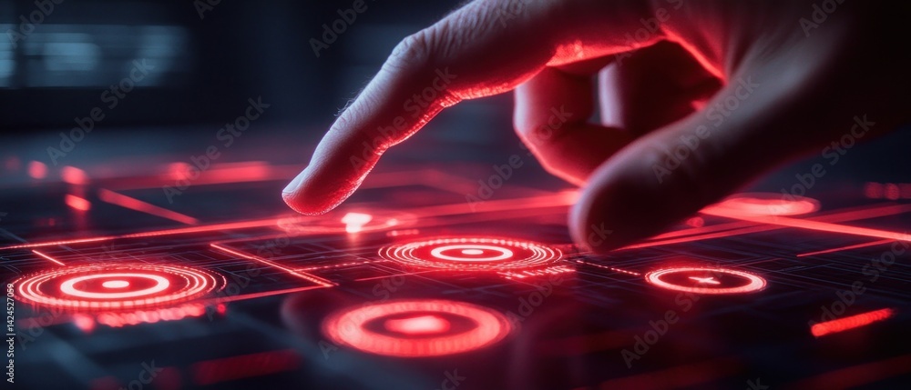 Poster red futuristic interface: finger interacting with a holographic display