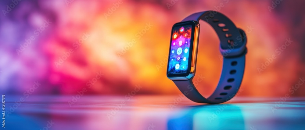 Poster smartwatch displaying colorful interface on vibrant background