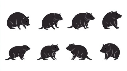 Eight Quokka Silhouettes, Sitting, White Background, Animal Illustration, Stock Photo
