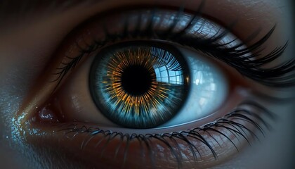 Fototapeta premium Macro Eye Iris with Detailed Fibers and Radial Patterns macro close-up of a human eye iris, revealing the complexity of fibers, radial symmetry, and organic texture. Ideal for medical, science
