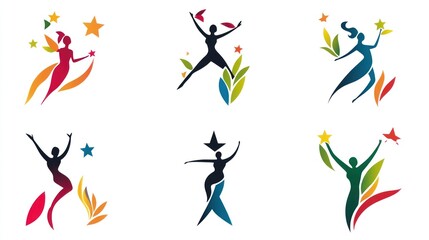 Fototapeta premium Colorful female silhouettes celebrating, stars, leaves, white background; website design
