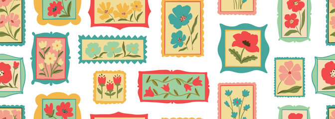 Retro cartoon floral frame illustration seamless pattern. Vintage style flower design collection. Geometric grid, mosaic natural bouquet decoration, spring season nature flowers