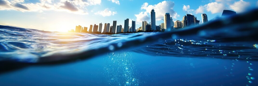 city skyline seemingly floating on the ocean surface