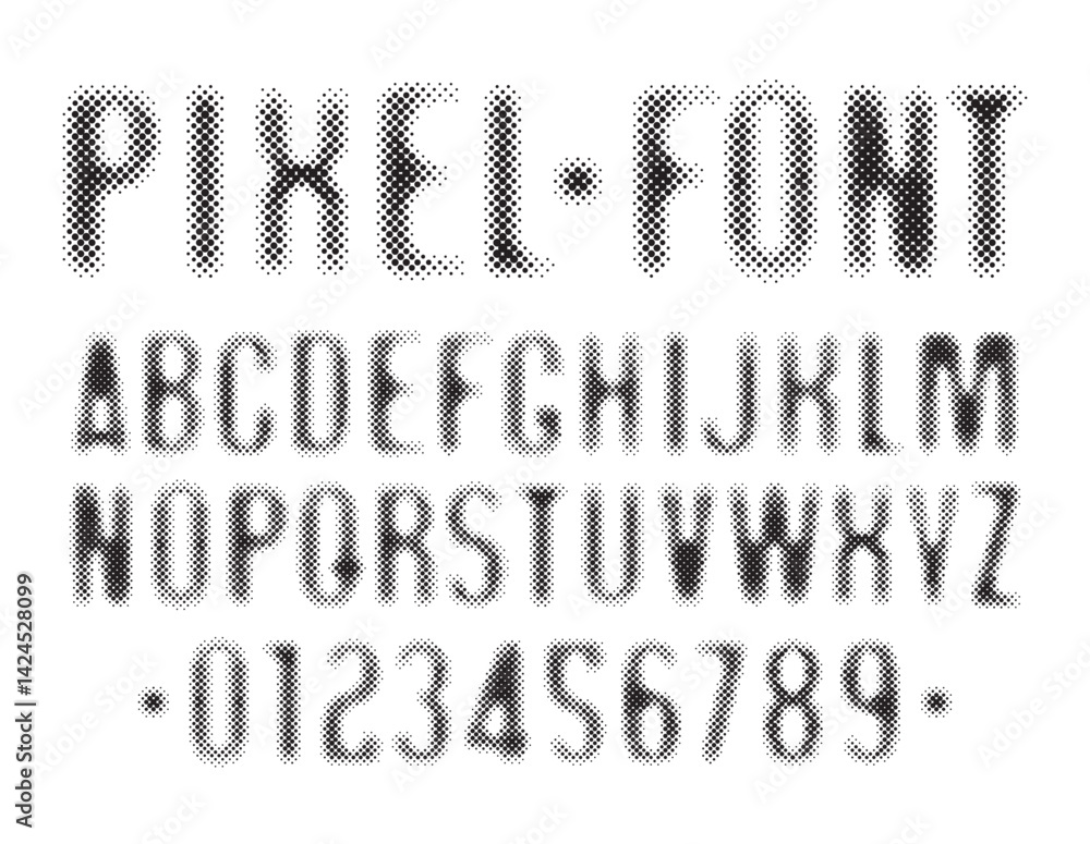 Poster hand drawn font consisting of dots, points. simple font with the theme of computer games, digital te