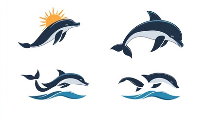 Obraz premium Four dolphins leaping, ocean sunrise, marine wildlife, vector illustration, logo design