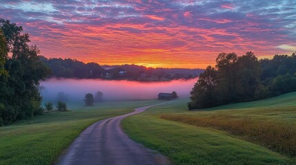 Sunrise over foggy countryside road