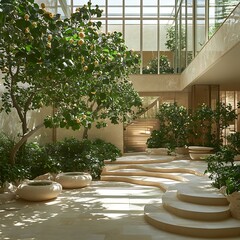 Elegant indoor patio showcasing flowering plants and tree centerpiece high resolution image