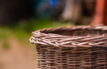 a wasp on a wicker basket in the garden