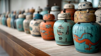 Rows of ornate, antique ceramic jars with intricate painted designs