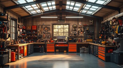Garage professional interior filled with organized hand tools high resolution image