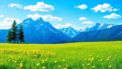 Fototapeta premium The image shows a scenic landscape with a bright, clear blue sky filled with a few fluffy white clouds. In the foreground, there is a lush green field scattered with yellow flowers. Two tall trees are