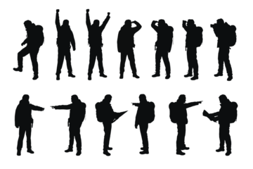 Set of trekking men with a backpacks in various positions - climbing, holding map, holding camera, pointing finger, victory pose at the mountain top.