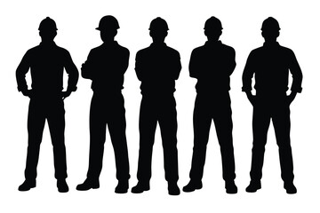 Silhouetted Construction Workers Wearing Hard Hats, Arms Crossed and Hands on Hips