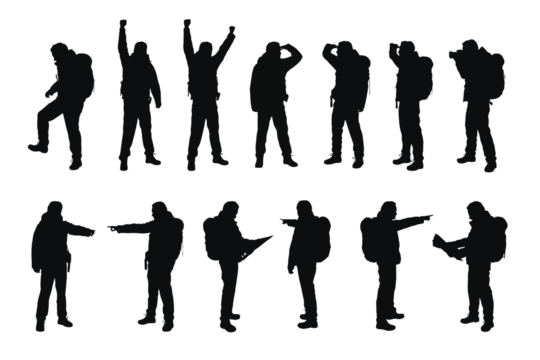 Set of trekking men with a backpacks in various positions - climbing, holding map, holding camera, pointing finger, victory pose at the mountain top. - Powered by Adobe