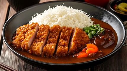 Japanese katsu curry served with crispy fried pork cutlet and rich curry sauce