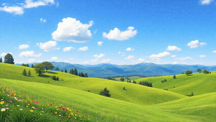 This image shows a beautiful landscape with rolling green hills, colorful wildflowers, and a bright blue sky with fluffy white clouds.