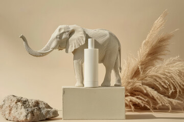 A mockup of a bottle of shampoo, lotion or other cosmetic product on a beige background. An elephant statuette on the background of a cosmetic product. .The concept of skin care and beauty