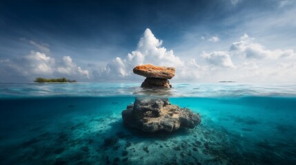 Split-level ocean view with balanced stones, sunny sky, clear water, coral reef
