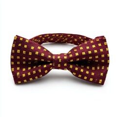 Maroon bow tie with gold squares on white background