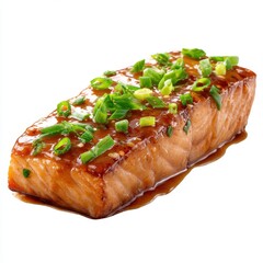 Salmon fillet with scallions close up on white background