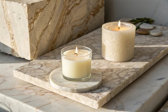 Two Beige Candles on Textured Marble and Stone Surfaces.