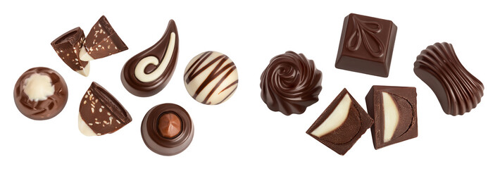 Chocolate candy isolated on white background with  full depth of field. Top view. Flat lay.
