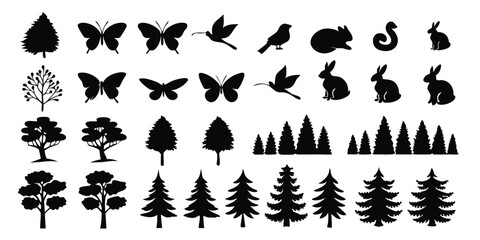 Silhouette Vector Set of Various Butterflies, Birds, Squirrels, Rabbits, Trees, and Pine Trees for Nature and Wildlife Design