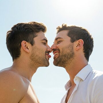 cheerful gay couple kissing each other with revealed tongue