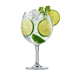 Gin tonic with lime and ice on white background