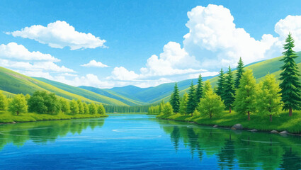A serene cartoon landscape shows a calm blue river flowing through a green valley with lush trees lining the banks, under a bright blue sky with fluffy white clouds. Distant, lighter green hills are v