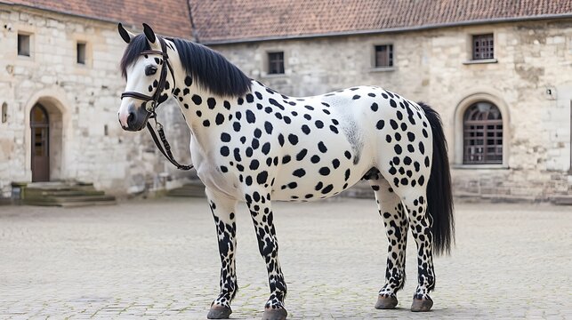 Knabstrupper horse with a striking spotted coat, standing in a medieval