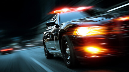 Speeding police car at night with flashing red and blue lights, blurred motion for dramatic effect.