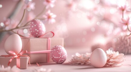 pink birthday gifts with pink and gold confetti balloons, glitter, pink background