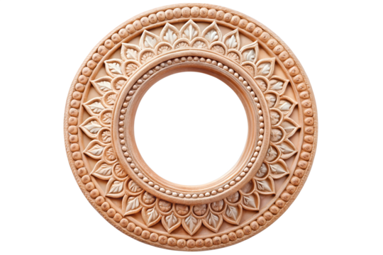 Circular carved ornament with floral pattern and beaded trim design isolated on transparent background - Powered by Adobe