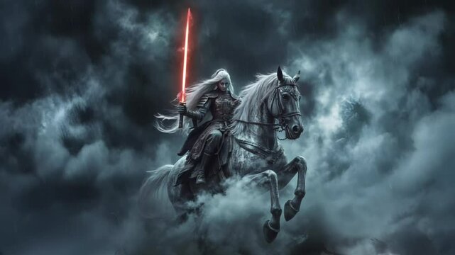A lone warrior, clad in dark armor, rides a powerful white steed through a stormy night.  A crimson lightsaber is held aloft, adding to the dramatic scene