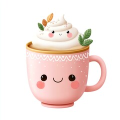 Cute Pink Mug with Whipped Cream and Autumn Leaves Illustration