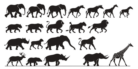 Wild African Animals Silhouettes Vector – Elephant, Lion, Giraffe, Rhino, Buffalo, Antelope, Zebra, Leopard, Cheetah, and Hyena Set
