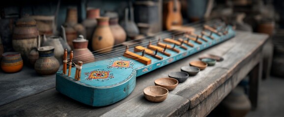 A detailed image of a painted blue instrument with strings on a wooden table, surrounded by pottery