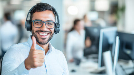 Happy call center agent providing professional customer service in office setting