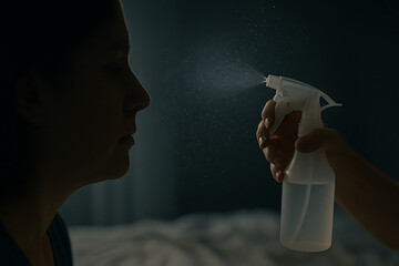 Spray bottle releasing sparkling droplets with silhouetted face in cinematic shallow focus