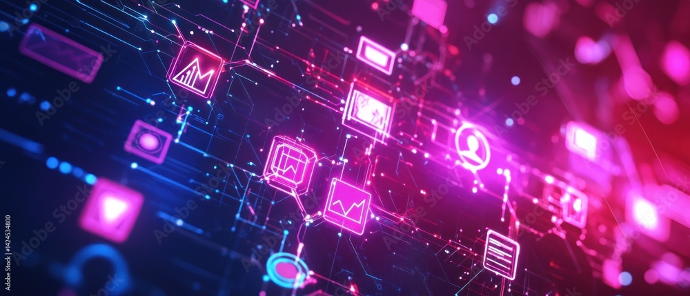 Poster abstract digital network: interconnected icons and data streams